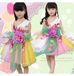 White light pink one shoulder flowers girls kids princess children modern jazz stage performance school play dresses costumes